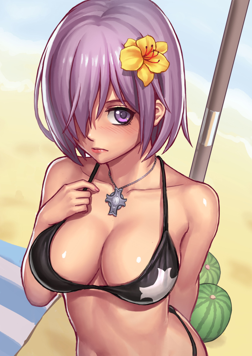 1girl absurdres bikini black_bikini blush breasts cleavage closed_mouth fate/grand_order fate_(series) flower food fruit guang_yiren hair_flower hair_ornament hair_over_one_eye highres jewelry large_breasts lavender_hair looking_at_viewer mash_kyrielight necklace shiny shiny_skin short_hair solo swimsuit towel upper_body violet_eyes watermelon