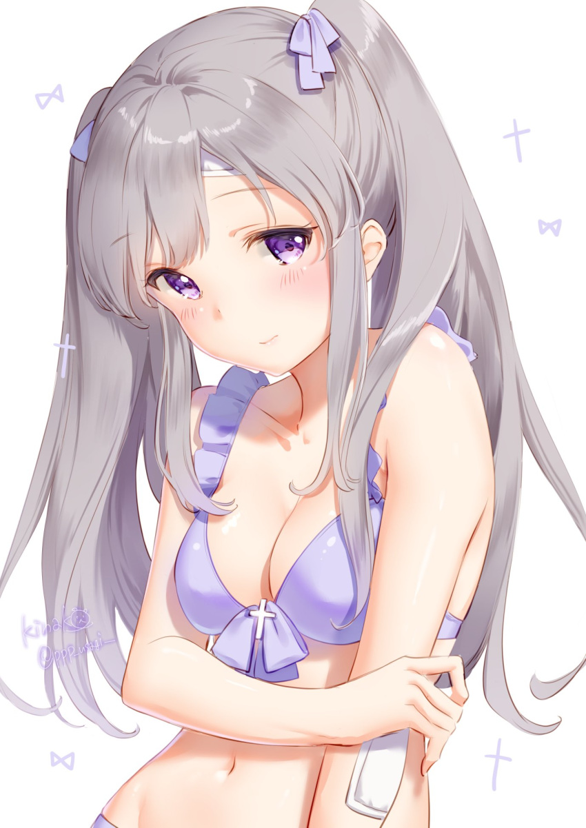 1girl artist_name bandaid bandaid_on_elbow bandaid_on_forehead bangs bare_shoulders bikini blush bow breasts cleavage closed_mouth collarbone commentary_request eyebrows_visible_through_hair eyelashes frilled_bikini frills front-tie_bikini front-tie_top grey_hair groin hair_bow highres idolmaster idolmaster_shiny_colors long_hair looking_at_viewer medium_breasts navel purple_bikini purple_bow shiratama_akane sidelocks silver_hair simple_background solo stomach swimsuit twintails violet_eyes white_background yuukoku_kiriko