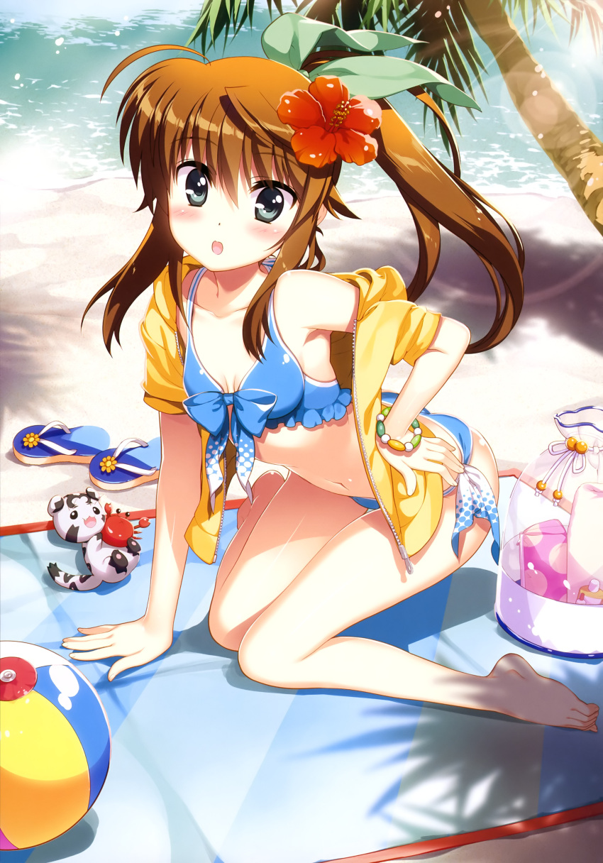 1girl :3 :o absurdres ahoge animal aqua_eyes armpits ass bag ball barefoot beach_towel beachball bikini black_eyes blue_bikini blue_footwear blue_frills blue_polka_dots blue_towel blush bracelet breasts brown_hair cleavage collarbone crab creature day diagonal-striped_towel diagonal_stripes eyebrows_visible_through_hair fang flower frilled_bikini frilled_bikini_top frills front-tie_bikini front-tie_top fujima_takuya fur fuuka_reventon green_ribbon hair_between_eyes hair_flower hair_ornament hair_ribbon hand_on_floor hand_on_hip highres holding holding_animal huracan_(vivid_strike!) jacket jewelry kneeling knees_together_feet_apart lens_flare long_hair looking_at_viewer lyrical_nanoha navel off_shoulder official_art open_clothes open_jacket open_mouth outdoors palm_tree polka_dot polka_dot_bikini ponytail red_flower ribbon sand sandals_removed scan shiny shiny_skin shore side-tie_bikini skindentation small_breasts smile striped striped_towel stuffed_animal stuffed_toy swimsuit towel tree vivid_strike! water white_bikini_bottom white_polka_dots yellow_jacket