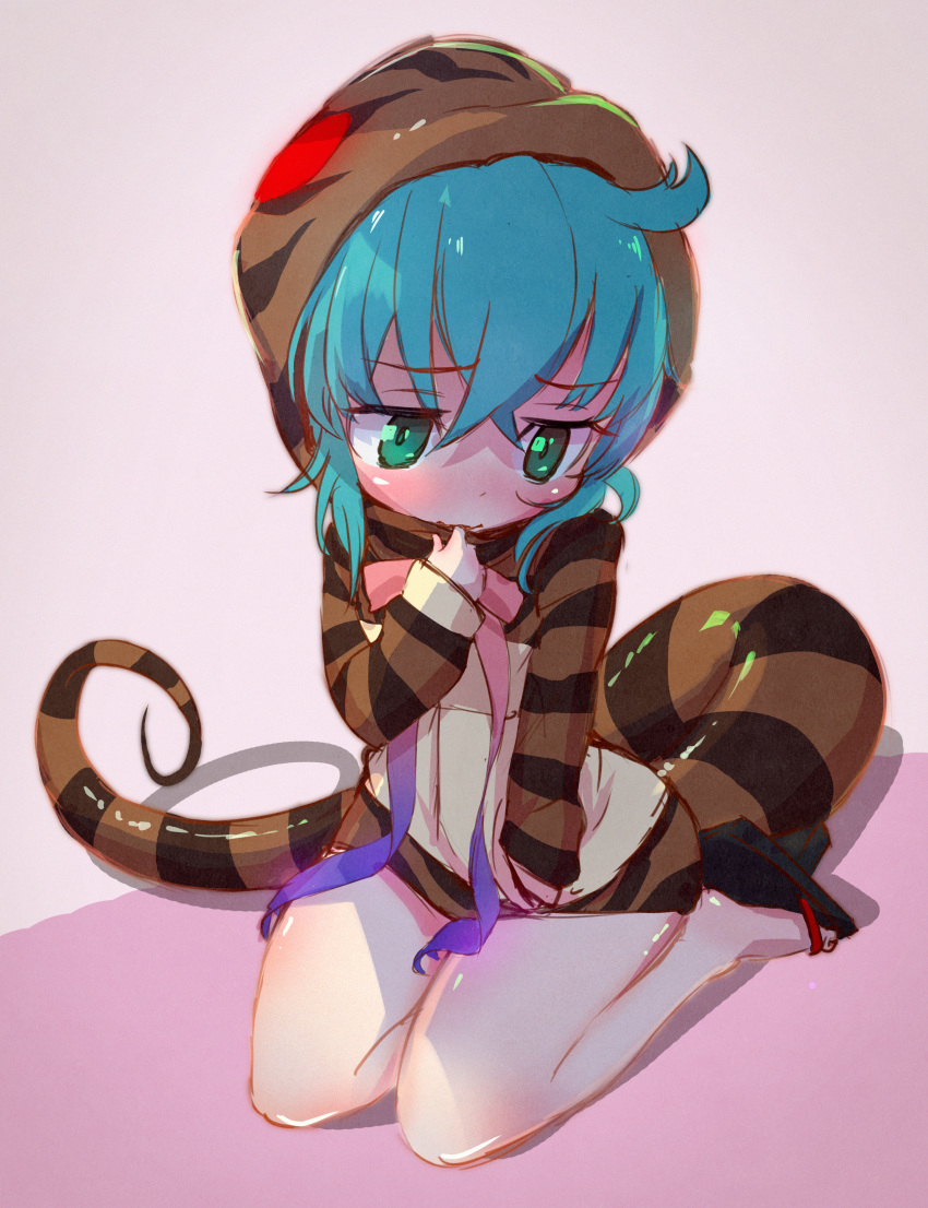 1girl absurdres blue_hair commentary_request eyebrows_visible_through_hair geta hand_in_pocket henohenomomiji highres hood hoodie huge_filesize kemono_friends looking_away neck_ribbon ribbon short_hair sitting snake_tail solo striped tail tengu-geta tsuchinoko_(kemono_friends) wariza