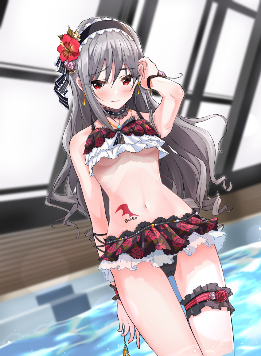 1girl black_hairband blush breasts character_name choker cowboy_shot dutch_angle earrings embarrassed eyebrows_visible_through_hair floating_hair flower from_below grey_hair hair_between_eyes hair_flower hair_ornament hair_ribbon hairband hand_in_hair hibiscus highres idolmaster idolmaster_cinderella_girls indoors jewelry kanzaki_ranko layered_bikini leg_garter lens_flare long_hair looking_at_viewer medium_breasts navel necklace pink_flower pink_rose red_eyes red_flower rei_no_pool ribbon rose smile solo standing striped striped_ribbon under_boob very_long_hair wading wkdnlwoddl wrist_cuffs