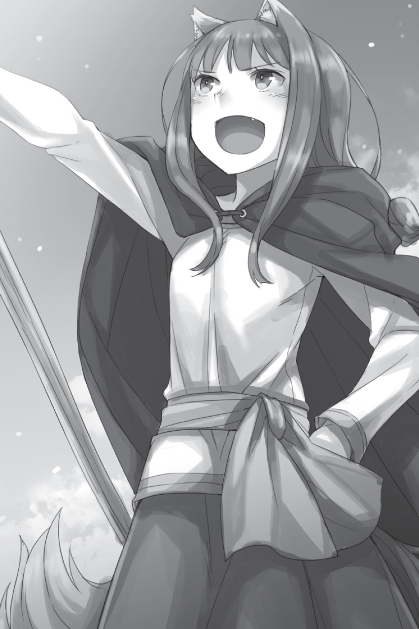 1girl :d animal_ears arm_up ayakura_juu cape fang greyscale hand_on_hip highres holding holding_staff holo long_hair looking_up monochrome novel_illustration official_art open_mouth outdoors skirt sky smile solo spice_and_wolf staff tail wolf_ears wolf_tail