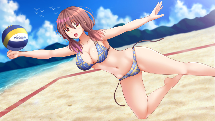 1girl ball bangs bare_arms bare_legs bare_shoulders barefoot beach_volleyball bikini blue_bikini blue_sky blurry blurry_background blush breasts brown_eyes brown_hair cleavage clouds cloudy_sky collarbone commentary day depth_of_field english_commentary eyebrows_visible_through_hair hair_between_eyes halter_top halterneck harukana_receive highres kazenokaze large_breasts long_hair low_twintails navel oozora_haruka_(harukana_receive) open_mouth outdoors outstretched_arm sky solo sweatdrop swimsuit twintails v-shaped_eyebrows