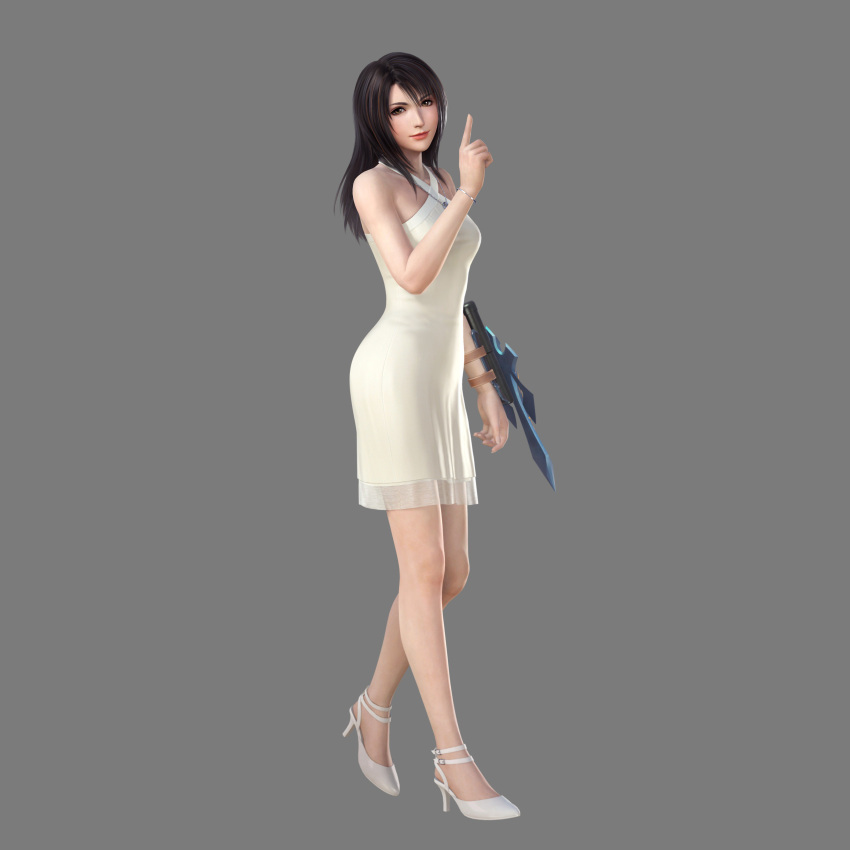 1girl 3d absurdres alternate_costume bare_shoulders black_hair bracelet brown_eyes brown_hair closed_mouth dissidia_final_fantasy dissidia_final_fantasy_nt dress female final_fantasy final_fantasy_viii full_body grey_background high_heels highres index_finger_raised jewelry long_hair looking_at_viewer multicolored_hair necklace no_socks official_alternate_costume official_art ring_necklace rinoa_heartilly simple_background sleeveless sleeveless_dress smile solo square_enix two-tone_hair weapon white_dress white_footwear
