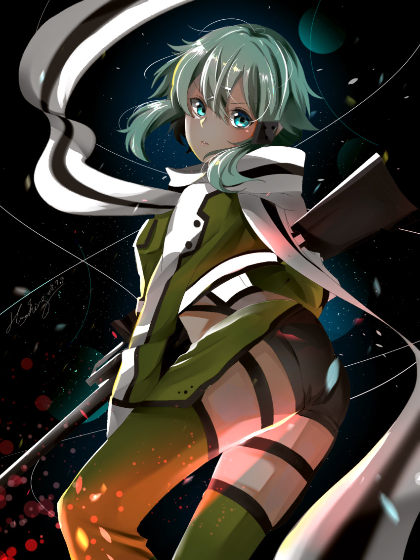 1girl anti-materiel_rifle aqua_hair ass black_shorts blue_eyes from_behind green_jacket green_legwear gun hair_between_eyes hair_ornament hairclip highres jacket kellyliao33 lips long_sleeves looking_at_viewer looking_back parted_lips pgm_hecate_ii rifle scarf shinon_(sao) shiny shiny_hair short_hair short_hair_with_long_locks short_shorts shorts sniper_rifle solo standing sword_art_online thigh-highs weapon