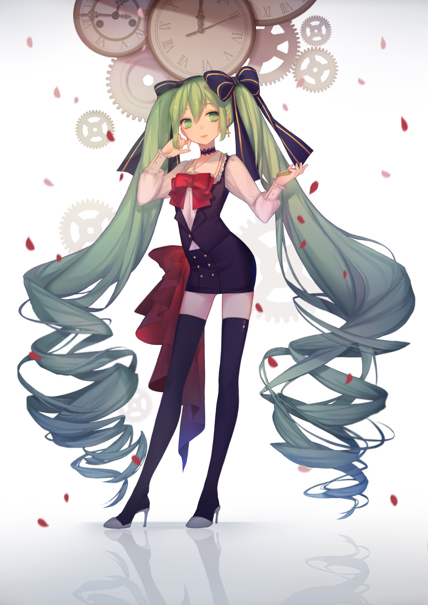 1girl absurdly_long_hair absurdres black_bow black_legwear black_skirt bow bowtie clock drill_hair full_body gradient gradient_background green_eyes green_hair hair_between_eyes hair_bow hatsune_miku high_heels highres holding long_hair miniskirt parted_lips pencil_skirt petals pumps red_bow shirt skirt slyvia solo standing thigh-highs twin_drills twintails very_long_hair vocaloid white_shirt zettai_ryouiki