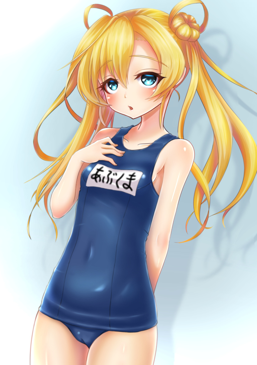 1girl absurdres abukuma_(kantai_collection) blonde_hair blue_background blue_eyes blue_swimsuit cowboy_shot double_bun flat_chest hair_rings hand_on_own_chest highres kantai_collection long_hair looking_at_viewer makura_(user_jpmm5733) name_tag school_swimsuit shadow solo swimsuit