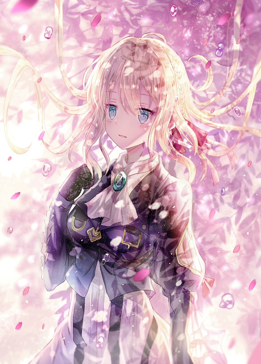 1girl black_gloves blue_eyes blush floating_hair gloves hair_between_eyes hair_ribbon highres iceblue long_hair parted_lips petals red_ribbon ribbon silver_hair solo standing violet_evergarden violet_evergarden_(character) white_neckwear