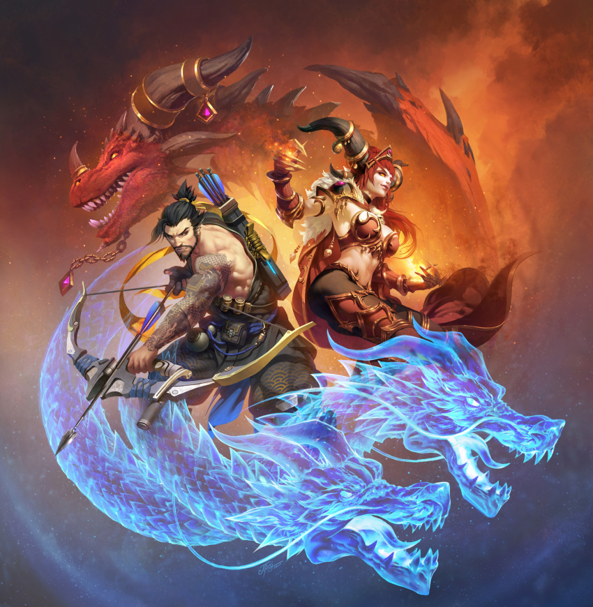 1boy 1girl alexstrasza arm_tattoo armor arrow back-to-back beard bikini_armor blizzard_(company) bow_(weapon) breasts claw_(weapon) commentary company_connection crossover dmitry_prozorov dragon english_commentary facial_hair gauntlets hanzo_(overwatch) heroes_of_the_storm highres horns large_breasts long_hair muscle overwatch quiver redhead shirt_lift short_ponytail tattoo trait_connection warcraft weapon world_of_warcraft