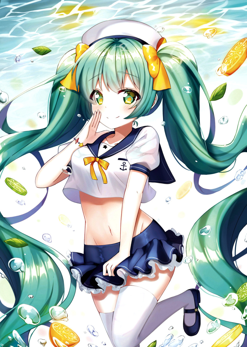 1girl bangs blue_skirt bow crop_top eyebrows_visible_through_hair food fruit green_eyes green_hair hair_bow hat hatsune_miku highres lime_(fruit) long_hair looking_at_viewer mamel_27 mary_janes miniskirt navel school_uniform serafuku shoes skirt solo thigh-highs twintails very_long_hair vocaloid water white_legwear