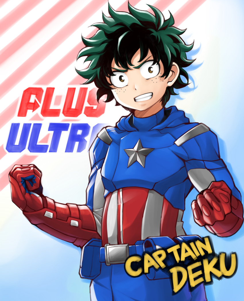 1boy absurdres american_flag american_flag_print avengers belt black_hair boku_no_hero_academia brown_eyes captain_america captain_america_(cosplay) clenched_hand clenched_teeth cosplay flag_print freckles gloves green_hair highres looking_at_viewer marvel midoriya_izuku multicolored_hair red_gloves short_hair solo spiky_hair star teeth two-tone_hair utility_belt yaobin_yang