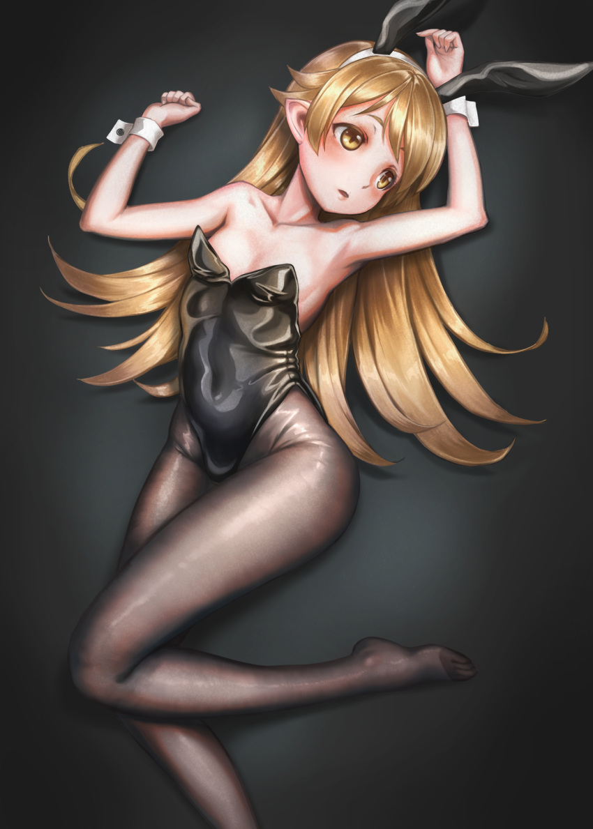 1girl animal_ears arms_up bai_linqin bakemonogatari bangs bare_shoulders black_leotard blonde_hair brown_legwear bunny_girl bunnysuit commentary_request covered_navel fake_animal_ears flat_chest highres legs_together leotard long_hair long_legs looking_to_the_side lying monogatari_(series) on_back oshino_shinobu pantyhose rabbit_ears shiny shiny_clothes solo strapless strapless_leotard thighs toes wrist_cuffs yellow_eyes