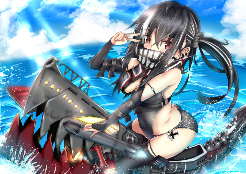 1girl absurdres arm_warmers azur_lane black_hair breasts clouds commentary_request covered_mouth earrings fire_maxs highres jewelry looking_at_viewer mask medium_hair ocean red_eyes riding side_ponytail solo submarine sunlight swimsuit thigh-highs u-47_(azur_lane) v watercraft