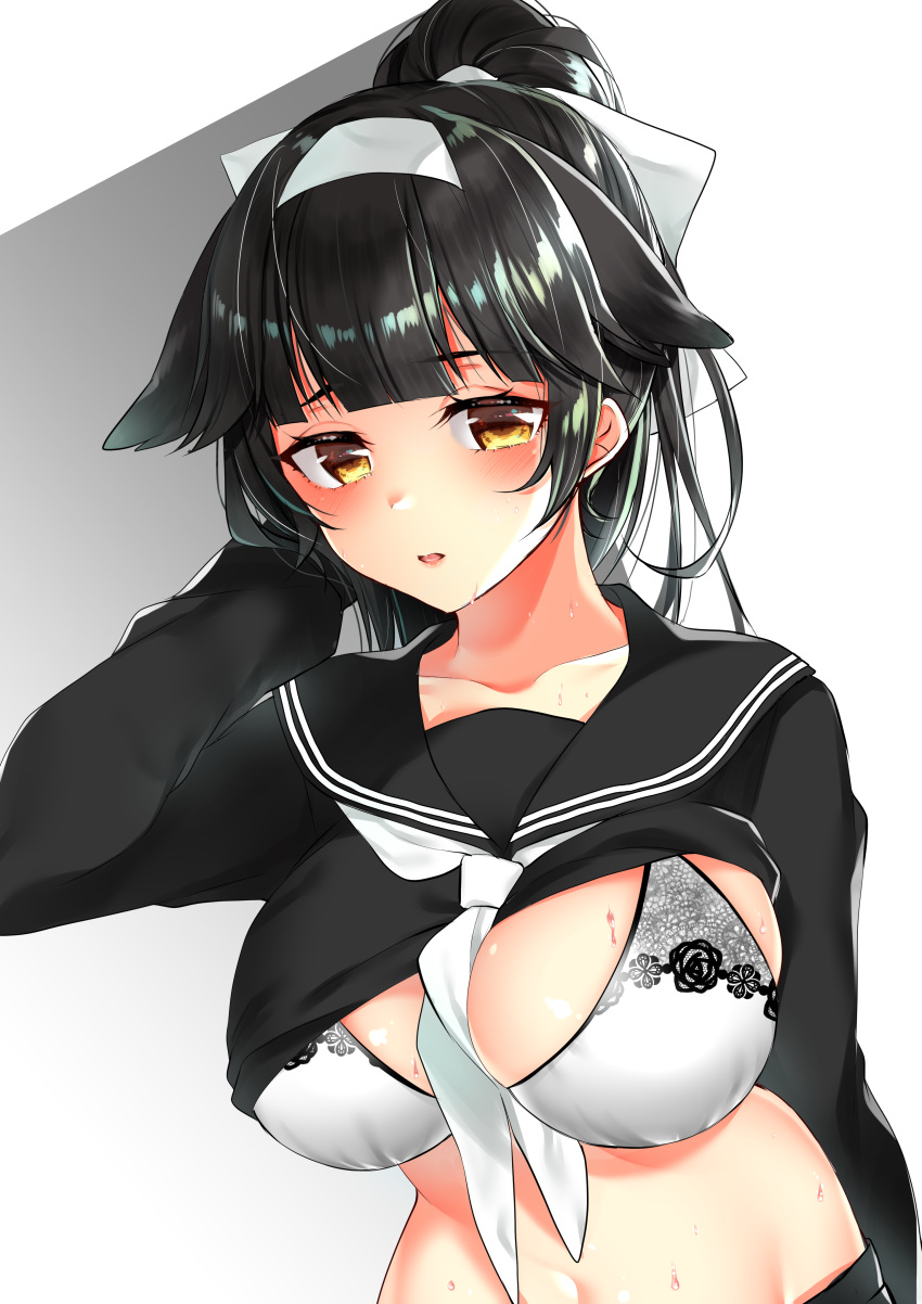 1girl absurdres alternate_costume animal_ears arm_at_side azur_lane bangs black_hair black_sailor_collar black_serafuku black_shirt black_skirt blunt_bangs blush bow bra breasts brown_eyes buta_tamako collarbone dog_ears extra_ears eyebrows_visible_through_hair groin hair_bow hair_ears hair_flaps hair_ornament hairband hand_to_head hand_up highres large_breasts long_hair long_sleeves looking_at_viewer mole mole_under_eye navel neckerchief open_mouth ponytail sailor_collar school_uniform serafuku shiny shiny_skin shirt shirt_lift skirt smile solo stomach sweat takao_(azur_lane) tongue underwear uniform upper_body white_background white_bow white_bra white_hairband white_neckwear yellow_eyes