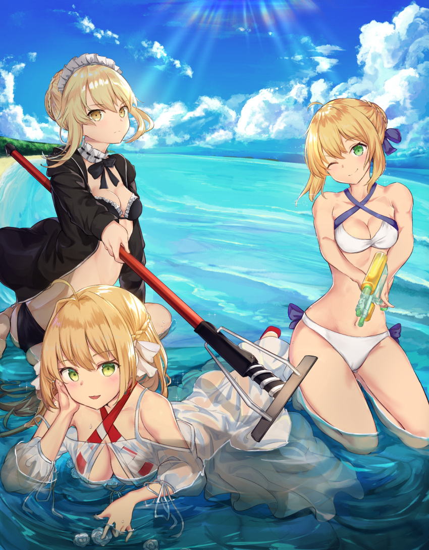 3girls ahoge artoria_pendragon_(all) artoria_pendragon_(swimsuit_rider_alter) beach bikini_top black_bikini_top blonde_hair blush bracelet breasts clouds criss-cross_halter eyebrows_visible_through_hair fate/grand_order fate_(series) fingers_to_mouth frill_trim green_eyes halterneck highres jacket jewelry large_breasts long_hair looking_at_viewer maid_headdress mosta_(lo1777789) multiple_girls navel nero_claudius_(fate)_(all) nero_claudius_(swimsuit_caster)_(fate) ocean one_eye_closed open_clothes open_jacket saber_alter seiza short_hair sidelocks sitting sky small_breasts smile striped_bikini_top twintails water water_gun yellow_eyes
