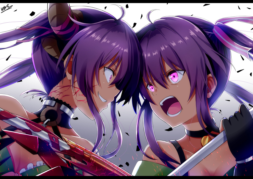 2girls battle breasts cleavage commentary_request dark_persona dual_persona ebisuzawa_kurumi gakkou_gurashi! gloves grin hair_ornament highres hinata_tino horns kirara_fantasia looking_at_another multiple_girls open_mouth purple_hair signature smile twintails veins violet_eyes weapon