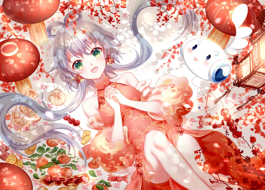 1girl :d china_dress chinese_clothes chinese_new_year collarbone detached_sleeves dress floating_hair food from_above green_eyes hair_between_eyes hands_clasped highres lantern long_hair looking_at_viewer luo_tianyi lying mushroom on_back open_mouth own_hands_together red_dress shiny shiny_hair silver_hair sleeveless sleeveless_dress smile solo twintails very_long_hair vocaloid yaduo