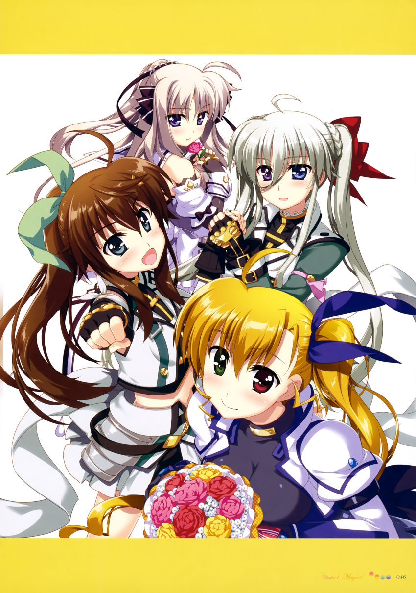 4girls :d absurdres ahoge armor asymmetrical_hair bare_shoulders black_bodysuit black_gloves black_ribbon black_scrunchie black_shirt blonde_hair blue_eyes blue_ribbon blush bodysuit bouquet bow braid breasts brown_hair clenched_hand detached_sleeves einhart_stratos elbow_gloves english eyebrows_visible_through_hair eyes_visible_through_hair fingerless_gloves flower flower_request framed_image french_braid from_behind fujima_takuya fuuka_reventon gloves green_eyes green_hair green_ribbon green_shirt grey_gloves hair_between_eyes hair_bow hair_ornament hair_ribbon hair_scrunchie hairclip heterochromia highres holding holding_bouquet holding_flower impossible_bodysuit impossible_clothes jacket juliet_sleeves large_breasts light_brown_hair long_sleeves looking_at_viewer looking_back lyrical_nanoha midriff multiple_girls navel official_art open_mouth page_number parted_lips pink_flower ponytail puffy_sleeves red_bow red_eyes red_flower ribbon rinne_berlinetta rose sailor_collar scan scrunchie shiny shiny_clothes shirt side_ponytail simple_background single_stripe skirt sleeveless sleeveless_jacket sleeveless_shirt small_breasts smile striped striped_ribbon tongue twintails violet_eyes vivid_strike! vivio white_background white_bow white_flower white_gloves white_jacket white_sailor_collar white_skirt white_sleeves yellow_flower yellow_hairclip