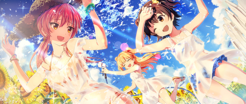 3girls :d ;d akagi_miria arms_up bangs bare_shoulders bikini bikini_under_clothes blonde_hair blue_bikini blue_sky blush bracelet breasts brown_eyes brown_hair cleavage clouds collarbone commentary_request day dress earrings eyebrows_visible_through_hair fence flower hair_between_eyes halter_top halterneck hat highres hose hose_nozzle idolmaster idolmaster_cinderella_girls jewelry jougasaki_mika jougasaki_rika large_breasts long_hair multiple_girls necklace one_eye_closed open_mouth orange_bikini outdoors picket_fence pink_hair sandals see-through short_hair sky sleeveless sleeveless_dress smile standing straw_hat sun_hat sundress swimsuit twintails two_side_up water wet wet_clothes white_dress wooden_fence yellow_eyes yuuki_tatsuya