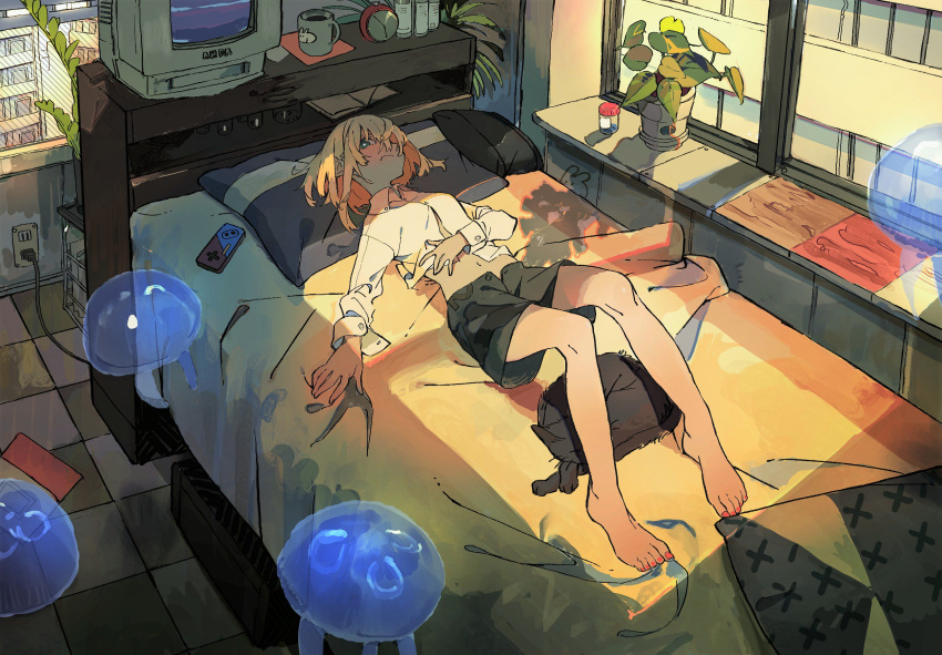 1girl alarm_clock bangs bare_legs barefoot bed bed_sheet black_shorts blonde_hair blue_eyes breasts bright_pupils clock closed_mouth controller cup dress_shirt frown game_controller hair_between_eyes highres indoors jellyfish leaf long_sleeves monitor mug nail_polish navel on_bed open_fly original pillow plant plug potted_plant red_nails shirt short_hair shorts small_breasts solo toenails white_pupils white_shirt you_(nanban319)