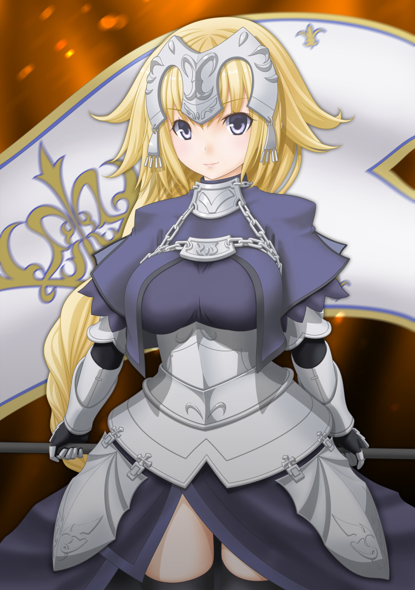 1girl armor armored_dress banner black_legwear blonde_hair blue_dress blue_eyes braid breasts bridal_gauntlets capelet chains dress elbow_gloves embers fate/apocrypha fate/grand_order fate_(series) faulds fire flag gauntlets gloves graphite_(medium) headpiece highres jeanne_d'arc_(fate) jeanne_d'arc_(fate)_(all) large_breasts lips long_braid long_hair orange_background pauldrons single_braid smile solo standing t2r thigh-highs traditional_media very_long_hair violet_eyes