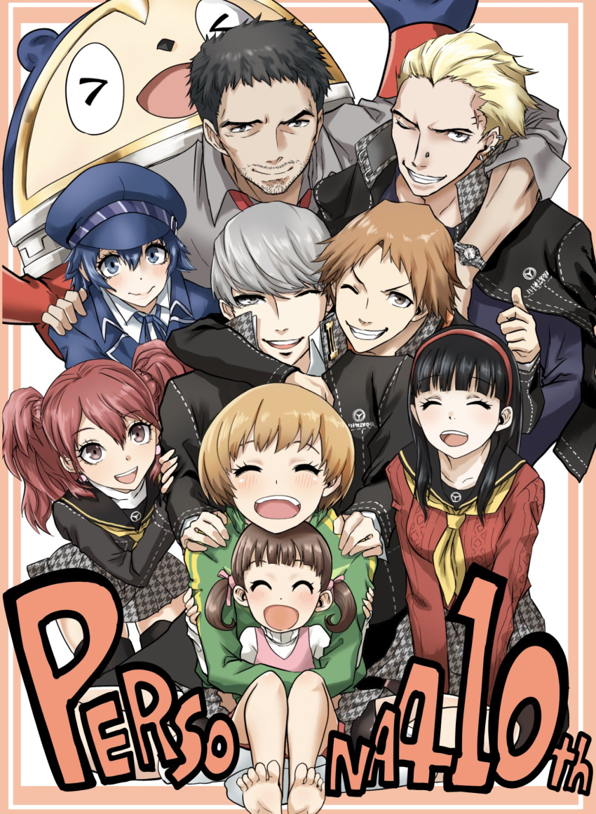 4boys 5girls amagi_yukiko androgynous anniversary barbell_piercing barefoot bear black_hair black_legwear blonde_hair blue_hair brown_hair cabbie_hat closed_eyes commentary_request doujima_nanako doujima_ryoutarou ear_piercing facial_hair gakuran grey_hair hanamura_yousuke hat highres houndstooth jacket_on_shoulders jolly_roger kujikawa_rise kuma_(persona_4) kurosususu long_hair multiple_boys multiple_girls narukami_yuu necktie nose_piercing one_eye_closed open_mouth pantyhose persona persona_4 piercing redhead reverse_trap satonaka_chie scar school_uniform serafuku shirogane_naoto stubble tatsumi_kanji thigh-highs tomboy twintails watch watch widow's_peak yasogami_school_uniform