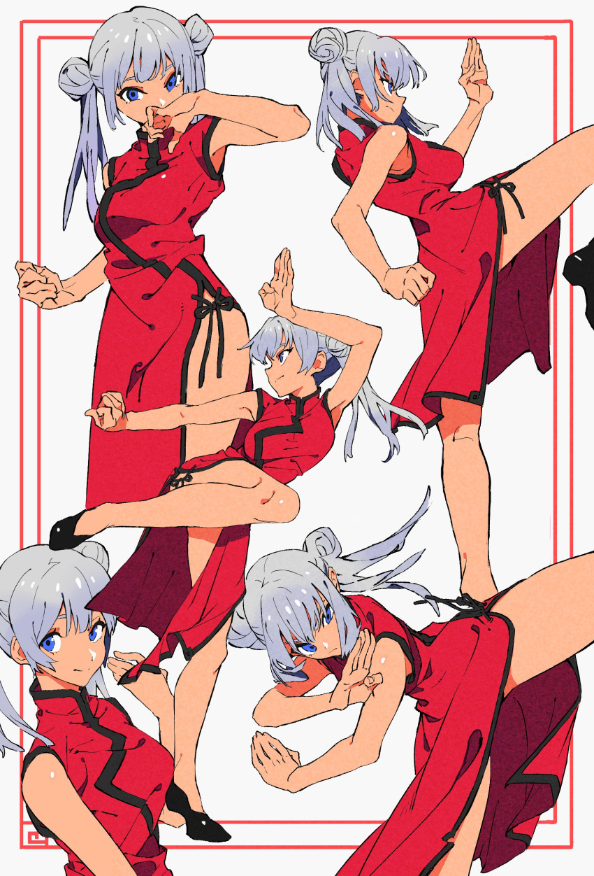 1girl absurdres bangs bare_arms bare_shoulders black_footwear blue_eyes breasts closed_mouth dark_skin double_bun dress fighting_stance highres leg_up legs medium_breasts original pelvic_curtain pose red_dress shoes silver_hair smile solo standing standing_on_one_leg twintails you_(nanban319)