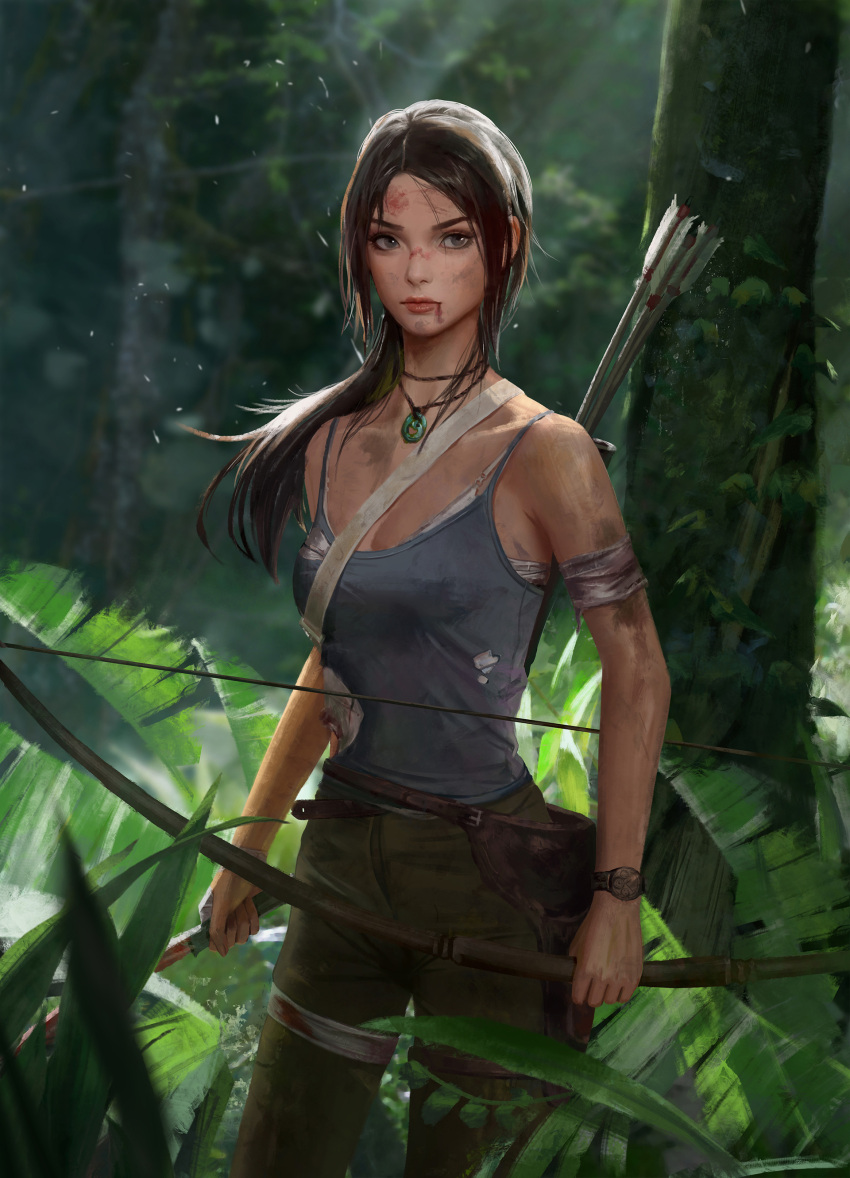 1girl absurdres arrow bandage bandaged_leg bare_shoulders blood bow_(weapon) breasts brown_eyes brown_hair bruise cleavage closed_mouth dirty highres holding holding_weapon injury jewelry jungle lara_croft leaf long_hair machete nature necklace outdoors qianyu_mo quiver red_lips sunlight tank_top tomb_raider tomb_raider_(reboot) torn_clothes tree watch weapon