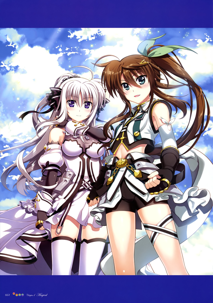 2girls absurdres ahoge aqua_eyes arm_up armor bare_shoulders belt bike_shorts black_bow black_gloves black_ribbon black_scrunchie black_shirt black_shorts blue_sky blush bow breasts brown_hair cleavage clenched_hand clouds cloudy_sky crop_top cropped_jacket day detached_sleeves dress elbow_gloves english eyebrows_visible_through_hair fingerless_gloves framed_image frilled_dress frills fujima_takuya fuuka_reventon gloves green_jacket green_ribbon grey_gloves hair_between_eyes hair_bow hair_ornament hair_ribbon hair_scrunchie hairclip highres impossible_clothes impossible_dress jacket layered_dress layered_skirt light_smile long_hair looking_at_viewer lyrical_nanoha magical_girl medium_breasts midriff multiple_girls official_art open_mouth outdoors overskirt page_number pleated_skirt ponytail puffy_short_sleeves puffy_sleeves ribbon rinne_berlinetta scan scrunchie see-through shirt short_dress short_sleeves shorts silver_hair single_stripe skindentation skirt sky small_breasts smile standing striped striped_bow thigh-highs tongue violet_eyes vivid_strike! white_dress white_frills white_gloves white_legwear white_skirt white_sleeves white_stripes yellow_hairclip zettai_ryouiki