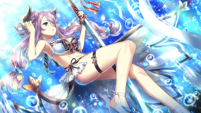 1girl ankle_ribbon armpits bikini blue_eyes bubble floating_hair from_below granblue_fantasy hair_bun hair_over_one_eye highres holding holding_sword holding_weapon horns hourainingyou long_hair narmaya_(granblue_fantasy) parted_lips pink_hair pointy_ears ribbon solo swimsuit sword thigh_strap twintails underwater very_long_hair weapon white_bikini white_ribbon