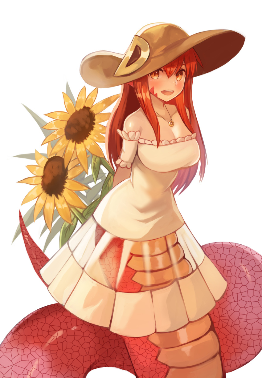 1girl :d absurdres alternate_costume arms_behind_back blush breasts commission dress flower hair_between_eyes hat hat_ornament highres jewelry lamia large_breasts long_hair looking_at_viewer miia_(monster_musume) monster_girl monster_musume_no_iru_nichijou open_mouth pendant redhead scales simple_background smile solo sookmo strapless strapless_dress sun_hat sunflower white_background white_dress yellow_eyes