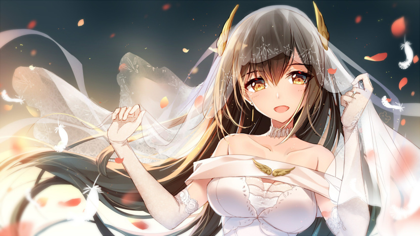 1girl bare_shoulders bison_cangshu breasts bridal_gauntlets bridal_veil brown_eyes brown_hair cleavage collarbone dress gloves hair_between_eyes hair_ornament hermes_(zhan_jian_shao_nyu) highres jewelry long_hair looking_at_viewer night open_mouth ring solo straight_hair upper_body veil wedding_dress wedding_ring white_dress white_gloves wing_ornament zhan_jian_shao_nyu