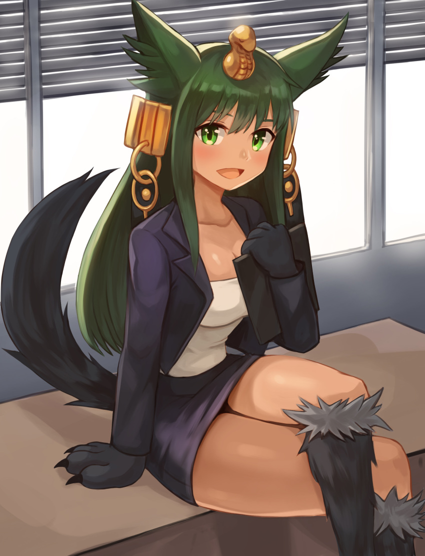1girl :d absurdres alternate_costume animal_ears anubis_(monster_girl_encyclopedia) bangs breasts cleavage clipboard commission green_eyes green_hair hair_ornament hand_up highres jacket large_breasts legs_crossed long_sleeves looking_at_viewer miniskirt monster_girl monster_girl_encyclopedia open_mouth paws pencil_skirt purple_jacket purple_skirt shirt sitting skirt smile snake_hair_ornament solo sookmo tail white_shirt window wolf_ears wolf_tail