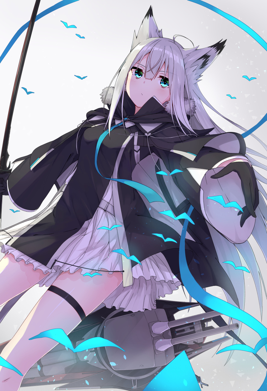 1girl absurdres ahoge animal_ears azur_lane black_cape black_gloves blush cape cat_ears dutch_angle expressionless eyebrows_visible_through_hair fur_trim gloves graphite_(medium) highres holding holding_sword holding_weapon kawakaze_(azur_lane) long_hair long_sleeves necktie neme1228 outstretched_arm pleated_skirt silver_hair skirt solo sword thigh_strap traditional_media turret very_long_hair weapon