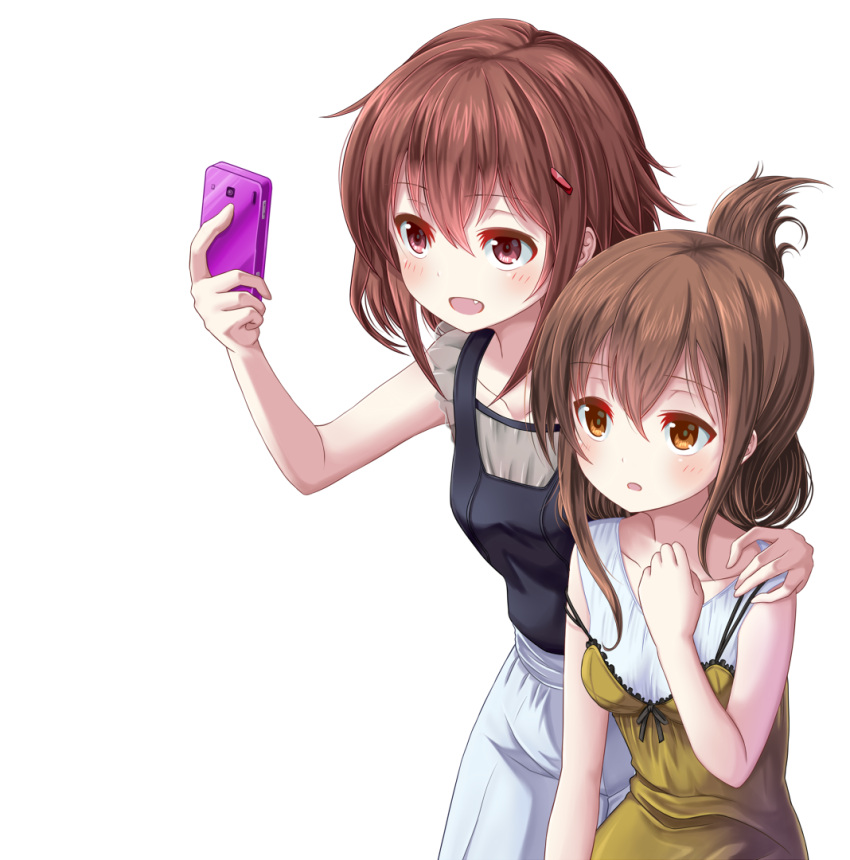 2girls black_shirt blush breasts brown_eyes brown_hair cellphone dress eyebrows_visible_through_hair hair_between_eyes hair_ornament hairclip ikazuchi_(kantai_collection) inazuma_(kantai_collection) kantai_collection long_dress long_hair long_shirt looking_at_viewer multiple_girls open_mouth phone self_shot shirt simple_background small_breasts smartphone white_background white_shirt yatsu_seisakusho