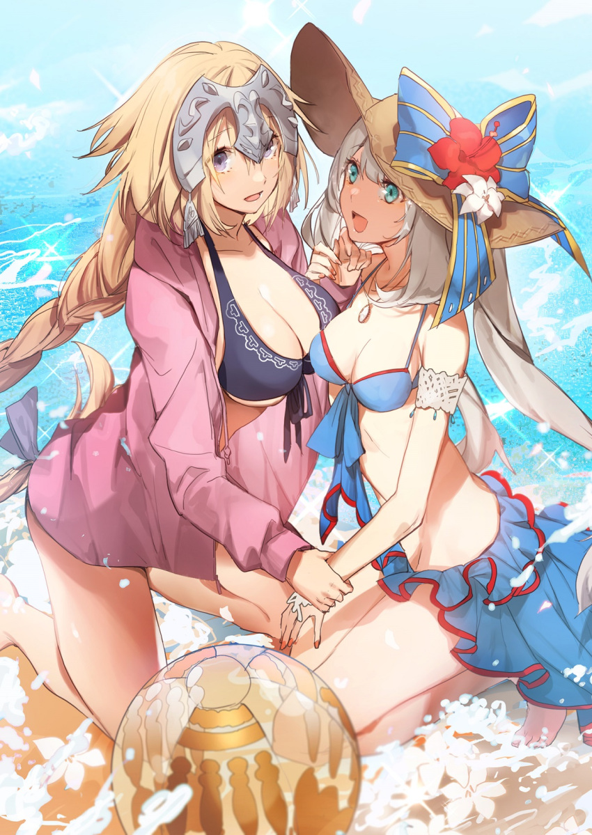 2girls alternate_costume aqua_eyes bangs beach bikini bikini_skirt blonde_hair blue_bikini blue_eyes blush breasts collarbone contemporary eyebrows_visible_through_hair fate/grand_order fate_(series) front-tie_top hair_between_eyes hand_holding headpiece highres jeanne_d'arc_(fate) jeanne_d'arc_(fate)_(all) large_breasts long_braid long_hair looking_at_another looking_at_viewer marie_antoinette_(fate/grand_order) marie_antoinette_(swimsuit_caster)_(fate) medium_breasts midriff multiple_girls no-kan ocean open_mouth outdoors purple_bikini sand silver_hair sitting sky swimsuit thighs twintails under_boob very_long_hair