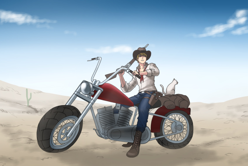 1boy cat desert ground_vehicle gun male_focus mk001black motor_vehicle motorcycle original self_upload shotgun solo weapon western