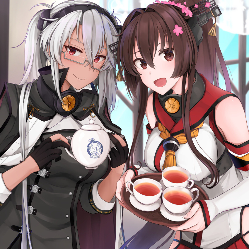 2girls alternate_hairstyle black_cape brown_eyes brown_hair cape cherry_blossoms commentary_request cup dark_skin fingerless_gloves flower glasses gloves hair_flower hair_ornament headgear highres kantai_collection kikumon long_hair looking_at_viewer multiple_girls musashi_(kantai_collection) partly_fingerless_gloves ponytail red_eyes remodel_(kantai_collection) semi-rimless_eyewear silver_hair smile tea tea_set teacup twintails upper_body warspite_(kantai_collection) window yamato_(kantai_collection) yunamaro