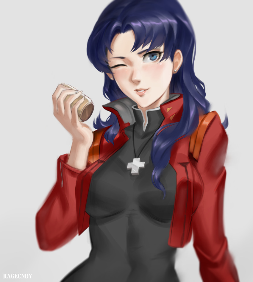 1girl absurdres artist_name blue_eyes blush breasts cross cross_necklace earrings highres jacket jewelry katsuragi_misato long_hair necklace neon_genesis_evangelion one_eye_closed open_clothes purple_hair ragecndy red_jacket smile solo upper_body