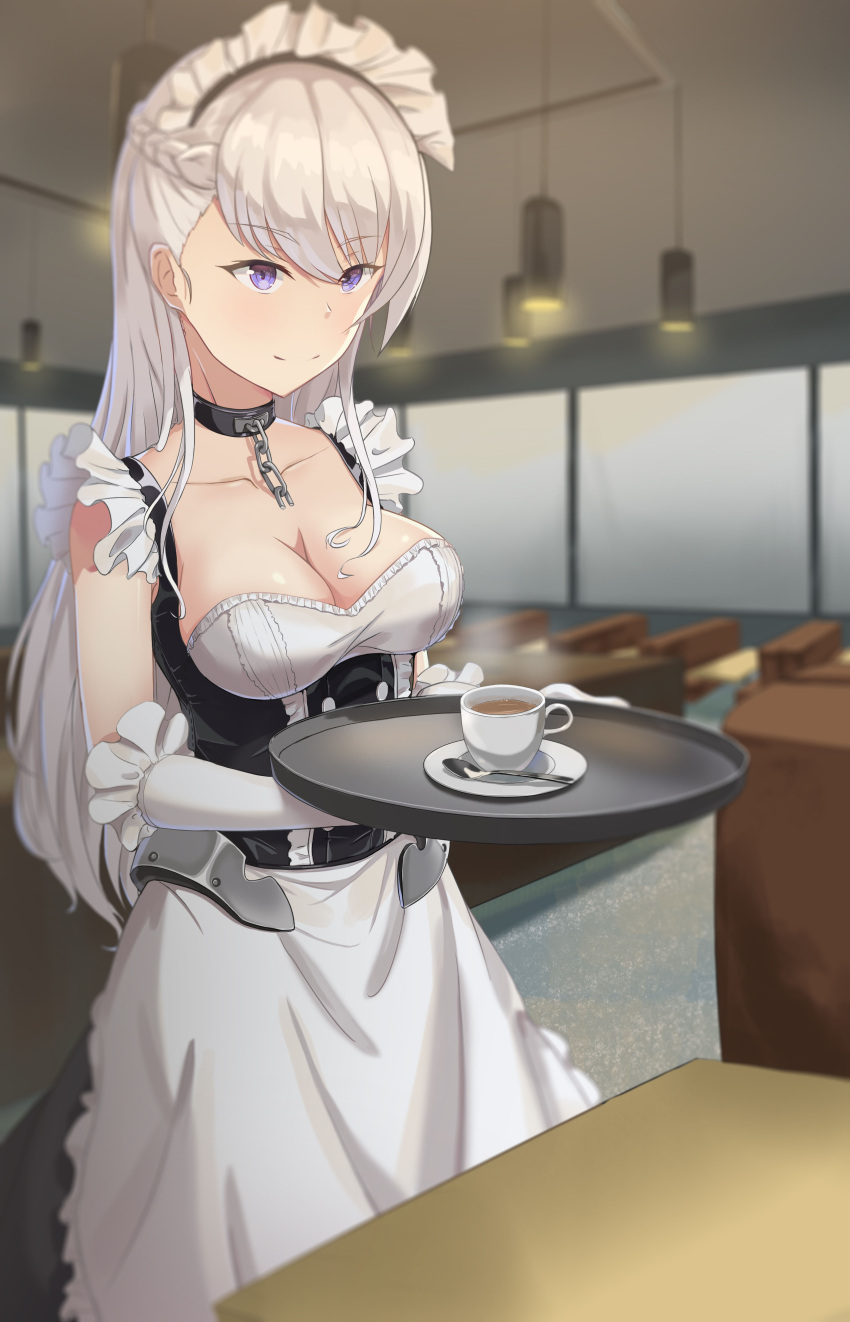1girl absurdres apron azur_lane bangs belfast_(azur_lane) blue_eyes blurry blush braid breasts chains cleavage coffee collar collarbone corset cup depth_of_field diner dress elbow_gloves eyebrows_visible_through_hair fled french_braid frilled_gloves frills gloves highres holding holding_tray indoors large_breasts long_hair maid maid_headdress saucer smile solo spoon tray white_gloves white_hair