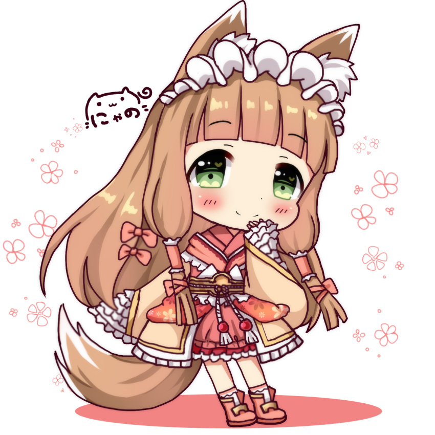 1girl animal_ears bangs blunt_bangs blush boots character_request closed_mouth commentary_request eyebrows_visible_through_hair fox_ears fox_girl fox_tail green_eyes hair_ornament heart heart_in_mouth highres japanese_clothes kimono light_brown_hair long_hair long_sleeves nyano21 pink_footwear princess_connect! princess_connect!_re:dive red_kimono signature sleeves_past_wrists smile socks solo tail very_long_hair white_background white_legwear wide_sleeves