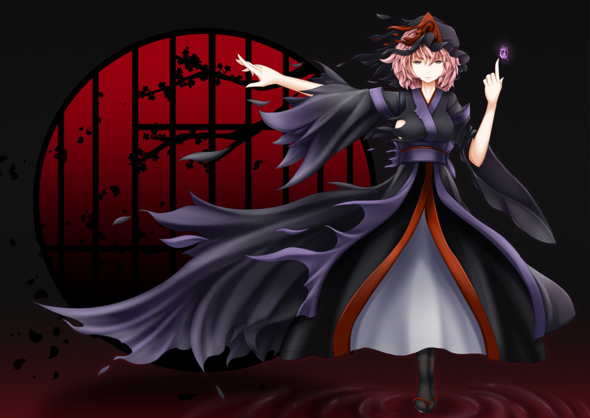 1girl alternate_color black_background black_hat black_kimono black_legwear branch breasts bug butterfly commentary_request corruption dark_persona full_body gradient gradient_background hair_between_eyes hands_up hat highres index_finger_raised insect inyuppo japanese_clothes kimono large_breasts long_sleeves looking_at_viewer mob_cap obi pantyhose petals pink_eyes pink_hair pink_lips purple_sash red_background ripples saigyouji_yuyuko sandals sash short_hair solo standing torn_clothes torn_hat torn_kimono torn_sleeves touhou triangular_headpiece v-shaped_eyebrows wide_sleeves window