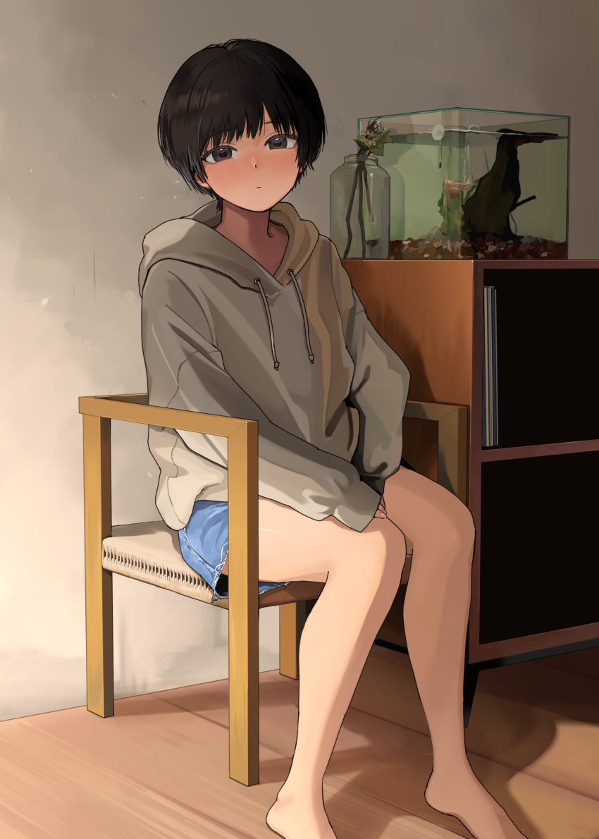 1girl absurdres aquarium bare_legs barefoot black_hair blue_shorts blush bookshelf brown_eyes chair commentary denim denim_shorts dot_mouth drawstring expressionless flower grey_hoodie hands_on_lap highres hood hood_down hoodie indoors jar legs light_blush long_sleeves looking_at_viewer mmmo3 nose_blush on_chair original pink_nails short_hair shorts sitting sleeves_past_wrists solo thermometer vase wooden_floor