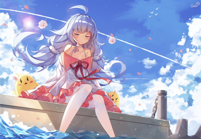 1girl ahoge azur_lane bangs bare_shoulders bird blue_hair blue_sky blush breasts chains cleavage closed_eyes closed_mouth clouds collarbone dango_remi day dock dress eyebrows_visible_through_hair floating_hair halterneck hat highres light_particles long_hair long_sleeves low_twintails mole mole_under_eye nicholas_(azur_lane) ocean off_shoulder outdoors partially_submerged pleated_skirt sidelocks sitting skirt sky sleeves_past_wrists small_breasts solo splashing stuffed_animal stuffed_toy sunlight thigh-highs twintails waves white_legwear wind wind_lift