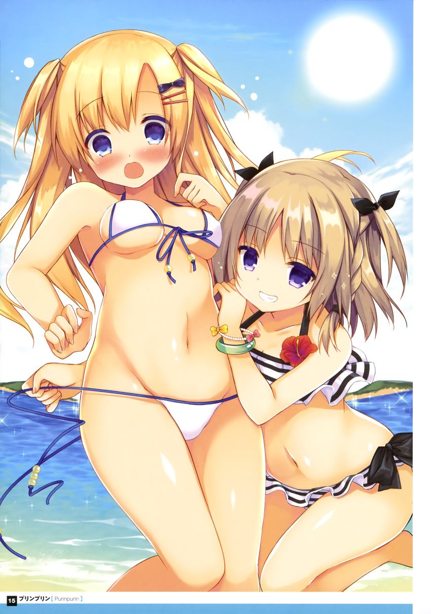 2girls absurdres artist_name bikini black_ribbon blonde_hair blue_eyes blue_sky blush bracelet braid breasts brown_hair cleavage clouds day eyebrows_visible_through_hair floating_hair groin hair_between_eyes hair_ornament hair_ribbon hairclip highres jewelry leg_up long_hair looking_down medium_breasts multiple_girls navel ocean open_mouth original outdoors page_number purinko ribbon shiny shiny_hair shiny_skin side-tie_bikini sideboob sky small_breasts sparkle standing sun swimsuit two_side_up under_boob untying very_long_hair water white_bikini