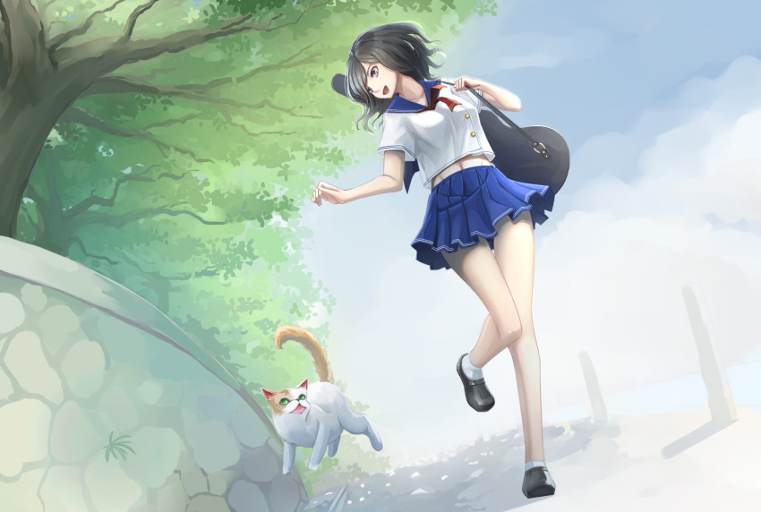1girl black_hair brown_eyes cat collarbone day highres instrument_case kikivi loafers looking_to_the_side open_mouth original outdoors running school_uniform shoes short_hair socks solo tree