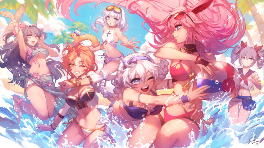 6+girls action ahoge animal_ears anklet arm_up armpits ball bangs bare_arms bare_legs bare_shoulders beach beachball bikini bikini_bottom bikini_skirt bikini_top blue_eyes blue_sky blush bow braid breasts choker cleavage clouds cloudy_sky day drill_hair ein_lee eyewear_on_head floating_hair flower frills full_body gloves grey_hair hair_between_eyes hair_bow hair_ornament hair_ribbon holding holding_ball honkai_impact hug jewelry jumping large_breasts long_hair looking_at_another medium_breasts multiple_girls navel ocean one_eye_closed open_mouth orange_eyes orange_hair outdoors outstretched_arm outstretched_arms palm_tree perspective pink_hair purple_hair rabbit_ears ribbon sailor_collar sand school_uniform short_hair shouting skirt sky small_breasts smile splashing straight_hair summer sunglasses swimsuit swimwear thigh_gap thighs throwing tree tropical twin_braids twin_drills under_boob underwater very_long_hair violet_eyes water wavy_hair wet white_hair