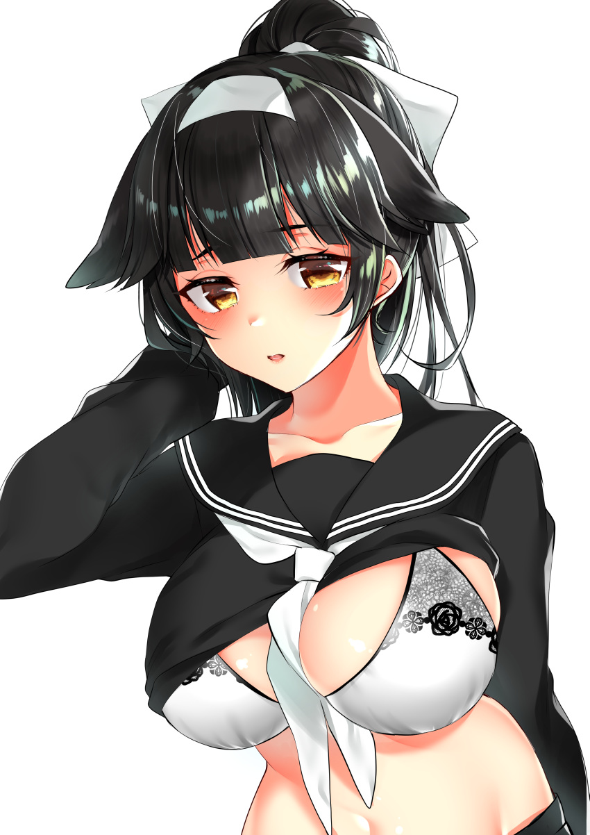 1girl absurdres alternate_costume animal_ears arm_at_side azur_lane bangs black_hair black_sailor_collar black_serafuku black_shirt black_skirt blunt_bangs blush bow bra breasts brown_eyes buta_tamako collarbone dog_ears extra_ears eyebrows_visible_through_hair groin hair_bow hair_ears hair_flaps hair_ornament hairband hand_to_head hand_up highres large_breasts long_hair long_sleeves looking_at_viewer mole mole_under_eye navel neckerchief open_mouth ponytail sailor_collar school_uniform serafuku shiny shiny_skin shirt shirt_lift skirt smile solo stomach takao_(azur_lane) tongue underwear uniform upper_body white_background white_bow white_bra white_hairband white_neckwear yellow_eyes