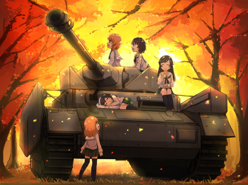 5girls akiyama_yukari autumn brown_eyes brown_hair caterpillar_tracks day girls_und_panzer grass ground_vehicle isuzu_hana leaf long_hair military military_vehicle motor_vehicle multiple_girls nishizumi_miho ooarai_school_uniform orange_eyes orange_hair panzerkampfwagen_iv reizei_mako shainingu_ikura short_hair smile takebe_saori tank tree younger