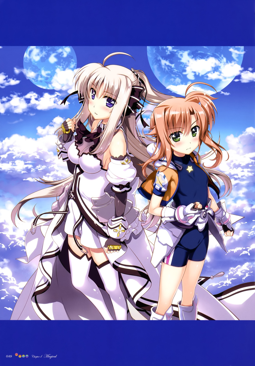 2girls absurdres ahoge armor bare_shoulders black_gloves black_ribbon black_scrunchie blue_bodysuit blue_eyes blue_sky blue_stripes blush bodysuit boots breasts cleavage clenched_hands clouds cloudy_sky collared_dress cravat cropped_jacket day detached_sleeves dress elbow_gloves english eyebrows_visible_through_hair fingerless_gloves frilled_dress frills fujima_takuya gauntlets gloves green_eyes grey_gloves hair_ornament hair_ribbon hair_scrunchie highres holding_necklace hood hooded_jacket impossible_clothes impossible_dress jacket large_breasts light_brown_hair long_hair looking_at_viewer lyrical_nanoha magical_girl miura_rinaldi multiple_girls neon_trim official_art orange_jacket outdoors page_number parted_lips planet ponytail print_bodysuit print_jacket puffy_short_sleeves puffy_sleeves purple_neckwear ribbon rinne_berlinetta scan scrunchie scuderia see-through short_dress short_sleeves sky small_breasts star star_print star_saber striped thigh-highs vertical_stripes vivid_strike! white_belt white_dress white_footwear white_frills white_legwear white_sleeves zettai_ryouiki